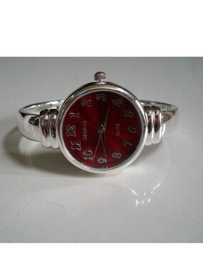 Geneva Silver Bangle Watch with Red Number Dial